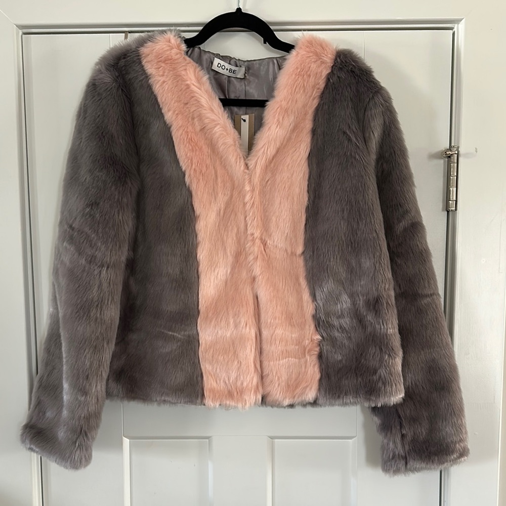 Women's Faux Fur Jacket - Gray and Pink
